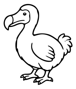 black and white vector line art of a cute dodo bird, simple hand-drawn doodle outline style, friendly cartoon expression, large hooked beak, bold clean black ink lines, coloring book page style, no co
