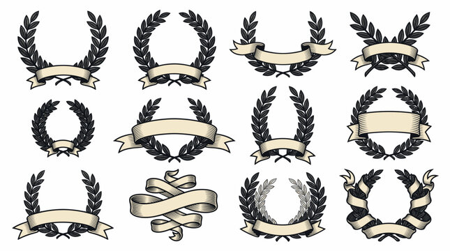 Set of vintage engraved laurel wreaths with ribbons and banners, heraldic trophy frames, black and white achievement icons isolated on white background.