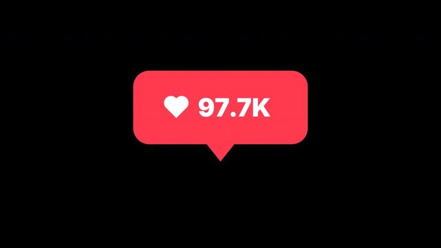 Like counter animation red speech bubble with heart icon and number counting from 1 to 100K for social media