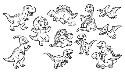 Happy Dinosaur Cartoon Character Black White Vector Coloring Set for Kids © Saima