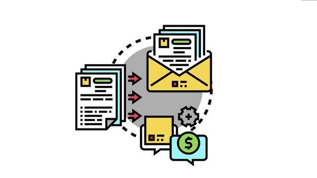 Central procurement process illustrates an envelope delivering documents, with arrows pointing towards communication bubbles for negotiation and financial settlement