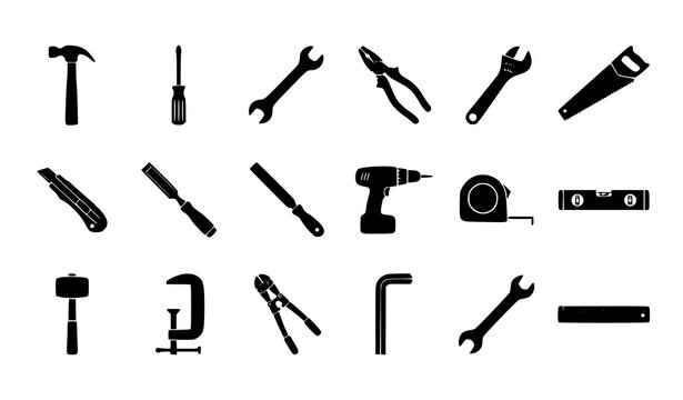 Hand Tools Black Silhouette Vector Set, DIY Repair Workshop and Hardware Icons