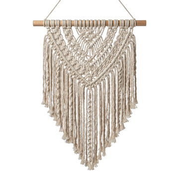 Handcrafted macrame wall hanging with knotted cotton cord on a wooden dowel rod isolated on a transparent background