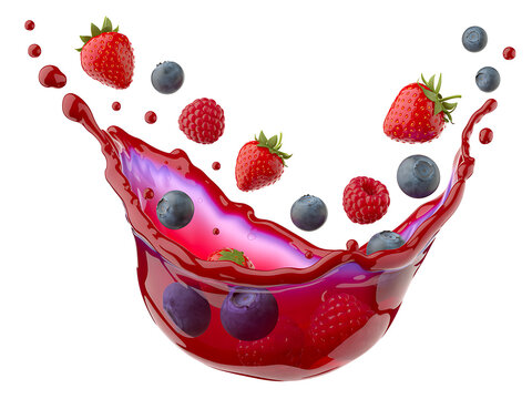 Mixed berry juice splash with fresh strawberries and blueberries. Isolated on white background
