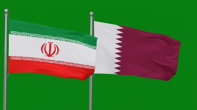 National flags of iran and qatar waving against green screen background