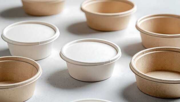 Eco-friendly biodegradable paper containers on white background