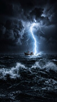 Dramatic dark fishing boat wallpaper with lightning strike on stormy ocean.