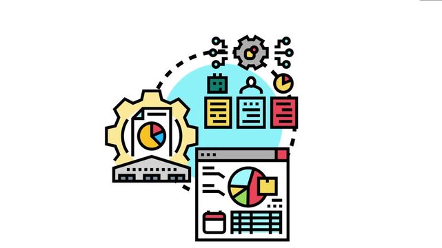 Centralized data control icon managing information flow from diverse sources, organizing digital records, and presenting analytical output on a web interface for business system oversight
