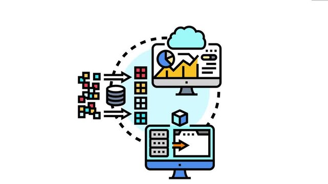 Data hub collecting and analyzing client information, managing databases, and presenting processed statistics on a monitor with cloud integration