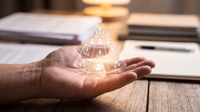 Organizational hierarchy management platform, hand holding glowing pyramid hologram with employee structure tiers above desk with documents, workforce planning, corporate structure