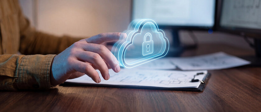 Cloud security data protection compliance system, hand touching glowing cloud with padlock hologram above clipboard documents on desk, cybersecurity, privacy management and secure storage workflow