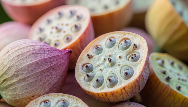 Close-up of lotus seed pods with visible seeds, natural texture