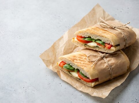A delicious caprese panini sandwich wrapped in brown paper tied with string on a gray surface