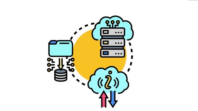 Icon comparing centralized data storage with server racks and folder leading to database, against a distributed data lake cloud managing information flow