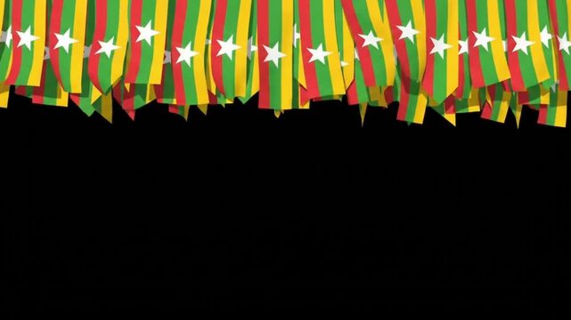 Myanmar flag bunting banners waving in the wind creating a festive patriotic motion animation for national celebration events video footage