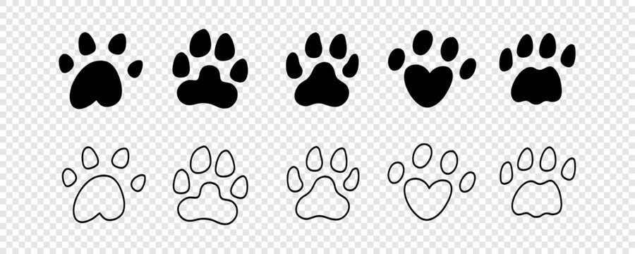 Dog Paw Pet Foot Print Set. Hand Drawn Paw Lion Footprint Icon Kit. Doodle Cat Animal Pawprint Track Bundle Silhouette. Hand Drawn Vector Illustration