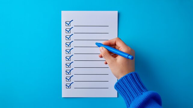 Business checklist with hand marking completed tasks on a blue paper document