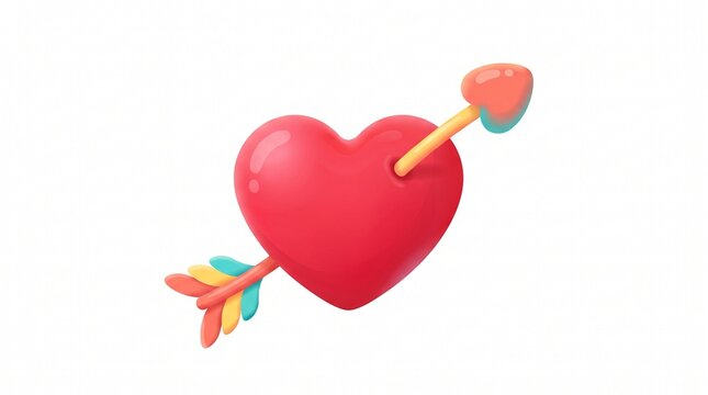3D render of a cute red heart pierced by an arrow with colorful feathers for Valentine's day