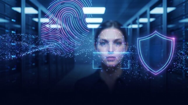 Biometric cybersecurity and facial recognition grid 3D background. Identity safety tech banner