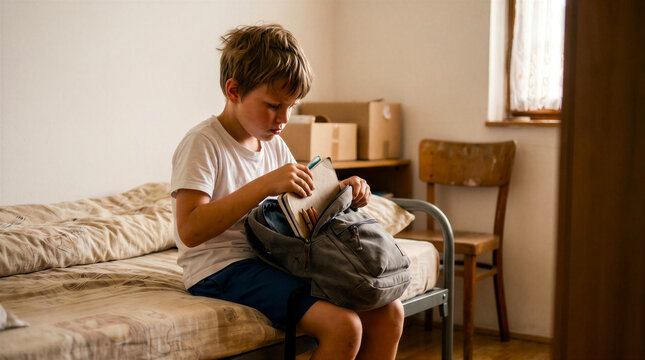 Focused boy packs a worn notebook into an old grey backpack in a sparse room with cardboard boxes, quiet resilience, unequal school start, modest home, education access