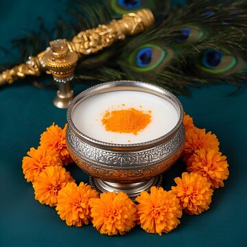 Happy Krishna Janmashtami concept. Pot with milk, bansuri and peacock feathers on a orange background. Traditional holiday greeting card