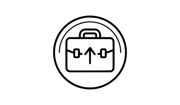Minimalist line art icon of a briefcase with an upward pointing arrow inside an oval frame