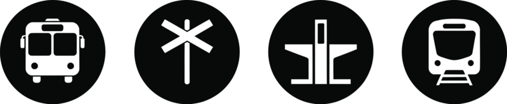 Circular railway safety icons featuring white minimalist transit symbols on black for transportation, rail travel, station signage, and public safety.