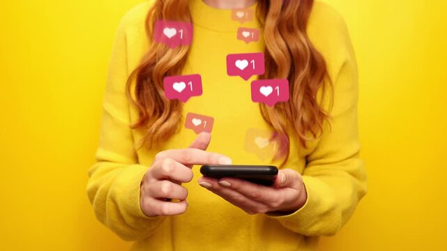 Woman interacting with social media likes notifications on smartphone screen.