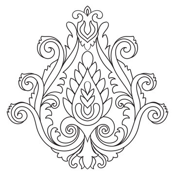 Damask line art, textile pattern elements, rug ornamentation, vintage scrollwork.