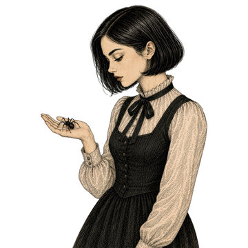 Gothic illustration of a young woman with a short bob hairstyle holding a black widow spider on her hand isolated on a white background.