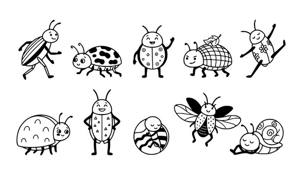 Set of cute hand drawn cartoon insects and bugs in black and white doodle style for coloring