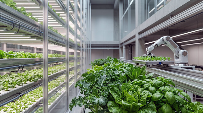 High-Tech Vertical Farm Growing Fresh Leafy Greens Indoors