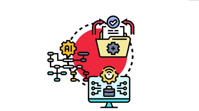Centralized operations oversight concept with a folder, ai gear, and a computer screen depicting data flow, process management, and digital solution implementation