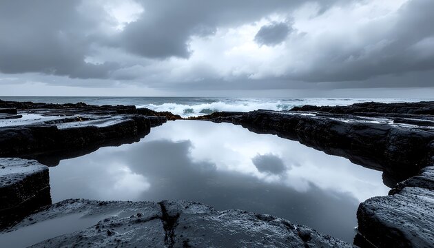 Rocky coastline with reflective tide pools and stormy sky