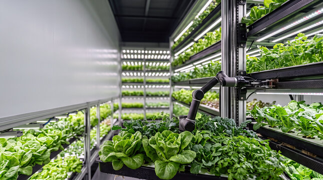 Indoor Vertical Farm Growing Fresh Green Leafy Vegetables