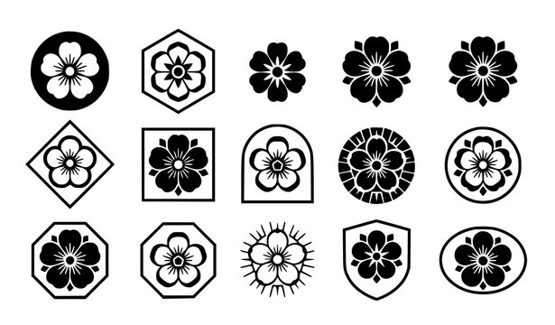 Set of japanese style flower kamon crests featuring various geometric frames and traditional floral patterns in black and white