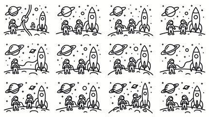 Astronauts and rockets on a celestial body in a doodle art style. © huda