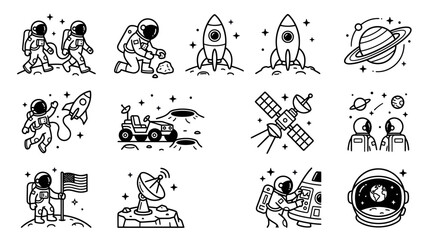 Astronauts and Space Exploration Doodle Icons Set. © huda