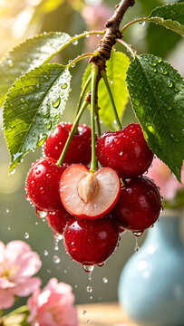Fresh, glossy red cherries with water droplets, with one of them sliced ​​open to reveal the pit inside.