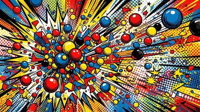 Abstract comic book pop art style background with explosive spheres and vibrant colors.