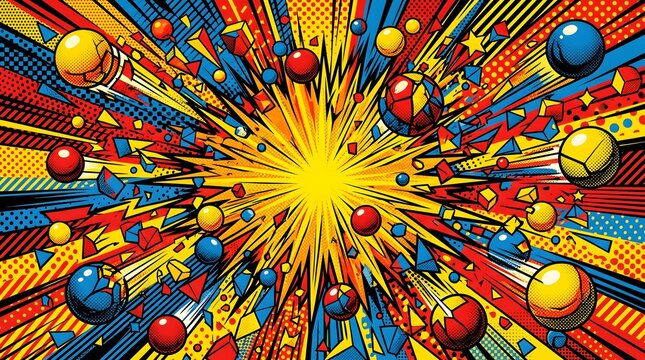 Abstract comic book explosion background with colorful spheres and dynamic motion lines.