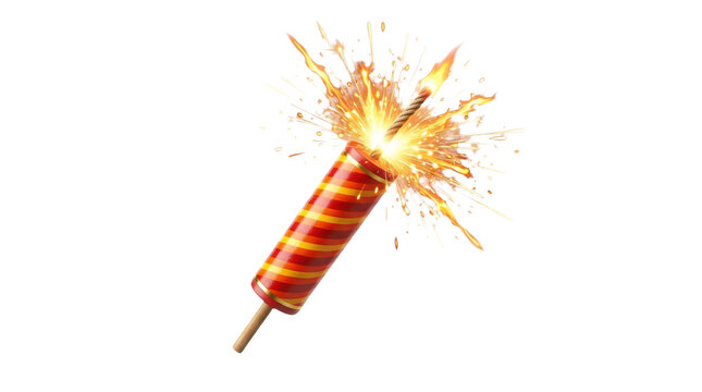 Lit firework rocket burning with bright sparks and fire flames