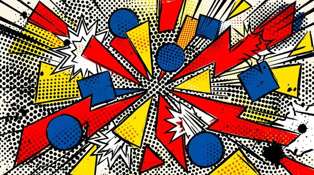 Abstract comic book style background with explosive geometric shapes and halftone patterns.
