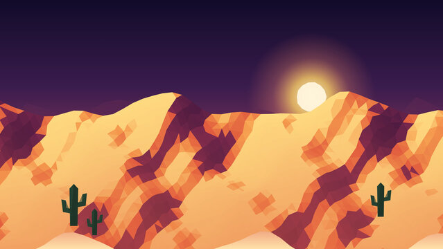 Low poly desert landscape at sunset with cactus and sun