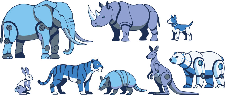 Futuristic cybernetic robotic animals collection including elephant tiger rhino bear kangaroo and rabbit mechanical vector illustration elements