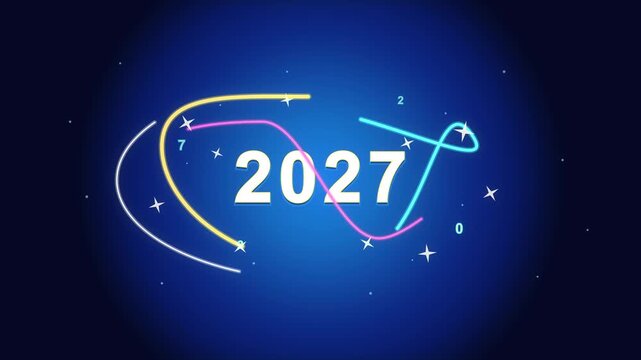 Motion graphic animation of the year 2027 forming with colorful swirling lines, new year celebration