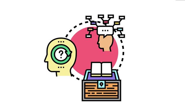 Head with question mark evolving to comprehensive knowledge, connecting learning from an open book with clear thoughts and resolved concepts