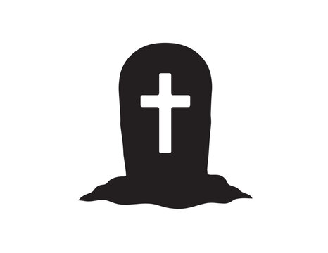 Black silhouette of a tombstone with a cross icon for spooky Halloween cemetery graphic design