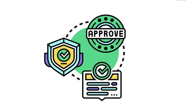Certified approval concept showcasing a quality control stamp, secured shield, and authorized document, representing reliability, verification, and guarantee processes