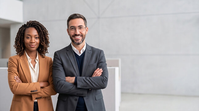 Two diverse business partners standing confidently with arms crossed in a modern office space